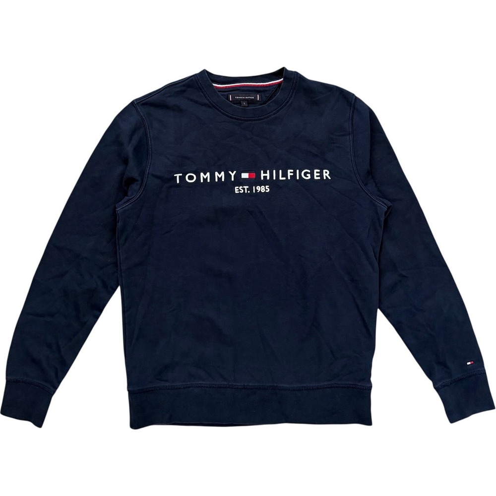 Tommy Hilfiger Crewneck Sweatshirt Large Navy Blue Spell Out Logo Mens Pullover
